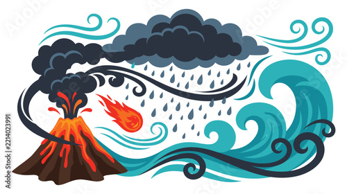 Natural disaster landscape with erupting volcano and tidal wave.