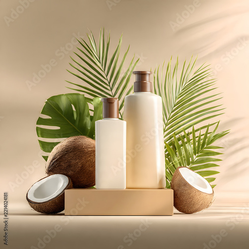 Coconut cosmetic bottles displayed on a pedestal surrounded by tropical leaves and fresh fruit halves.