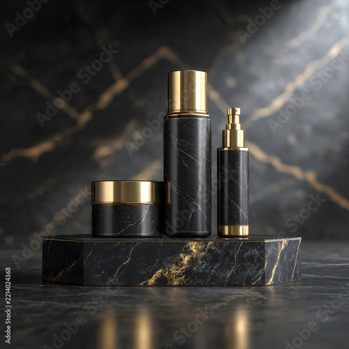 Cosmetic bottles with gold caps displayed on a dark marble podium in a studio.