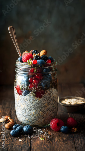 Glass jar filled with chia pudding layered with fresh berries and nuts on a dark rustic wooden surface.