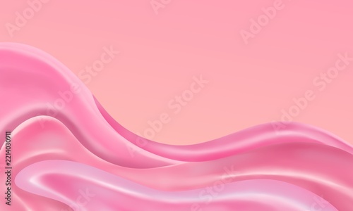Abstract soft pink silk wave bottom border background with realistic 3D satin drapes and copy space