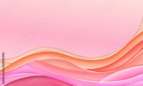 Abstract soft pink and orange silk wave bottom border background with 3D satin drapes and copy space