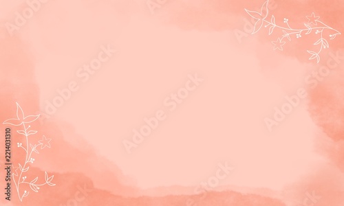 Peach pink watercolor background with white floral line art corner frame for wedding invitation and card design