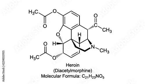 Heroin (Diacetylmorphine) Chemical Structure – Vector Illustration