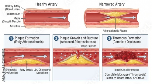 Atherosclerosis stages from healthy artery to thrombus formation