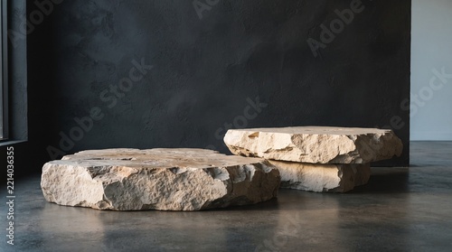 Sandstone platforms stand against a dark gray textured wall natural setting