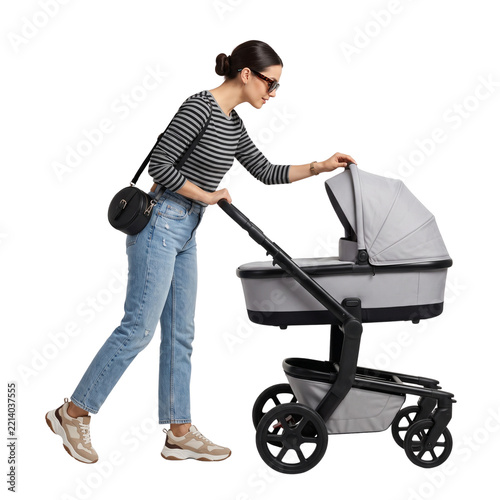 Woman pushing stroller with baby, isolated on white background