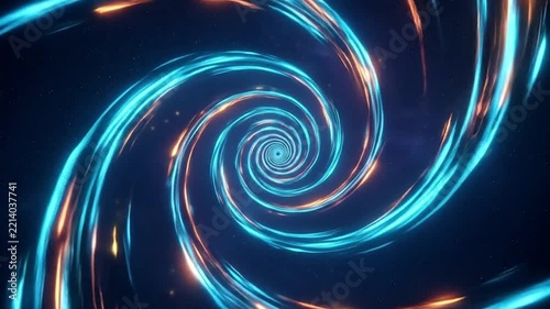 Glowing blue and orange light streaks forming a cosmic spiral vortex
