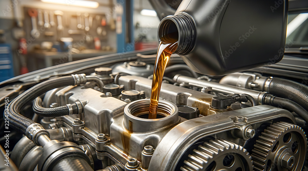 Fototapeta premium Close-Up of Fresh Motor Oil Flowing into Engine Reservoir