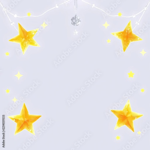 Watercolor star garland with delicate white borders, adorned with sparkling silver glitter, elements, design