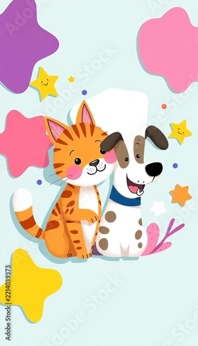Whimsical illustration of a cat, dog, and number one surrounded by fun shapes, kid-friendly art, cute animals