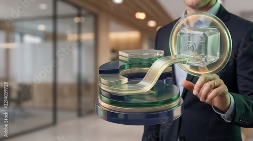 Businessman interacting a holographic financial security chart in an office with copy space layout