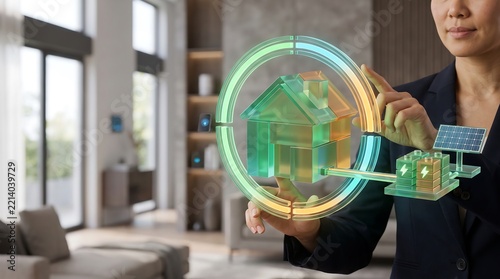 Businesswoman interacting a digital interface for residential solar energy management with copy space layout