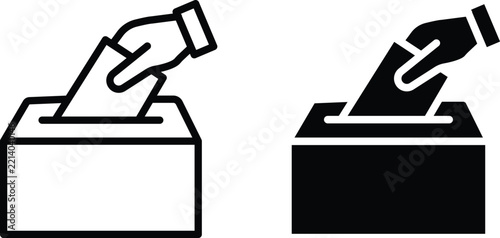 Set of voting icons, hand putting a ballot paper into a ballot box, election concept, simple linear and solid style