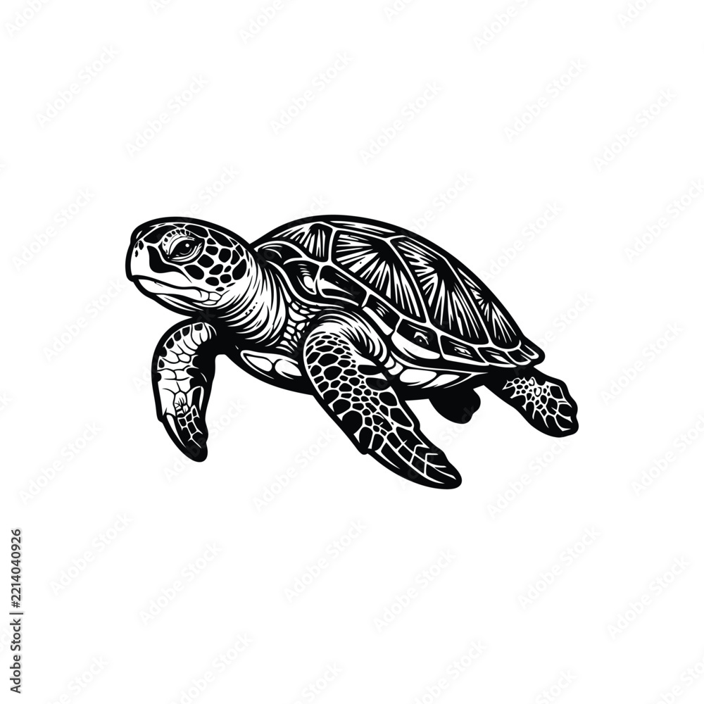 Fototapeta premium Black and white illustration of a cute sea turtle swimming in a simple hand drawn art style