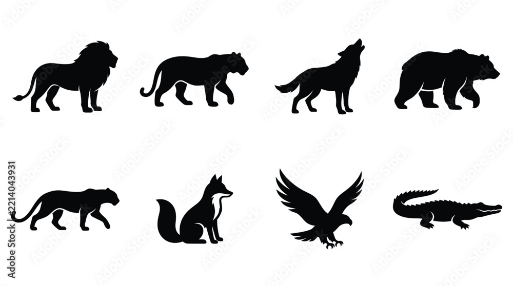 Fototapeta premium Animal silhouettes depicting a lion tiger wolf bear and other wildlife