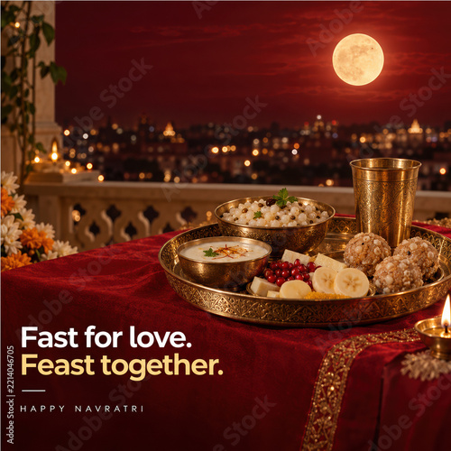 Glowing Moon Shaped Lamp Beside Brass Pooja Thali with Lit Diyas and Red Flower in Warm Bedroom, Traditional Indian Festive Home Decor Scene for Social Media Post