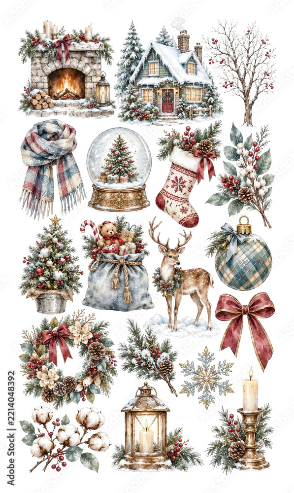 Naklejka premium PNG Vintage Christmas cottage collage with festive winter decorations