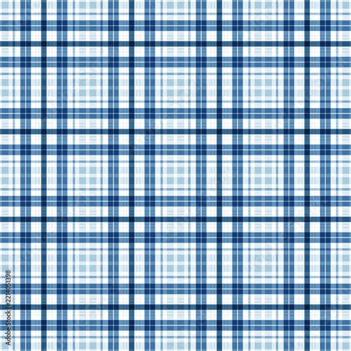 A seamless geometric plaid pattern featuring intersecting lines in various shades of blue and white. 