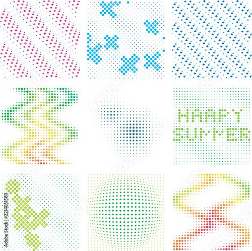 Nine distinct square panels featuring various halftone dot and diamond geometric patterns in vibrant colors