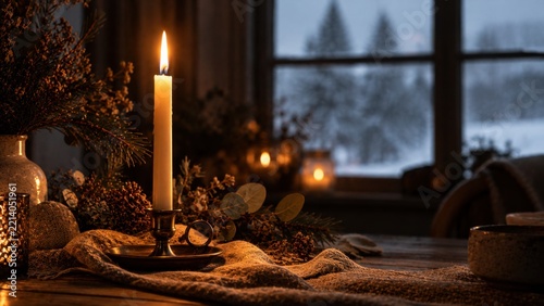 Tall taper candle burns on a rustic table beside a snowy window. New Year luxury background for home decor. Open copy space for text overlay.