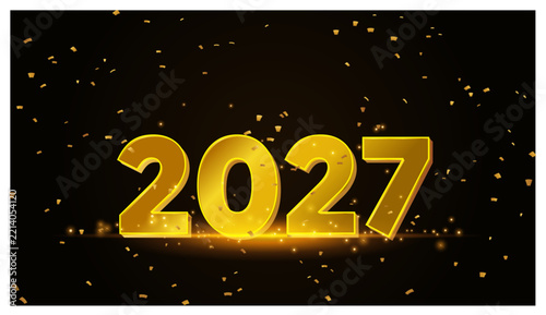 2027 golden 3d text effect with glowing lights and festive confetti