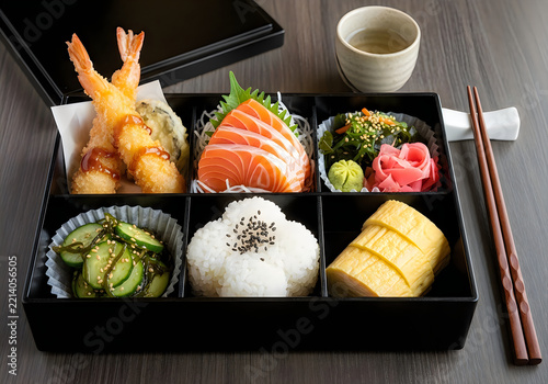 Japanese bento box with salmon sashimi tempura and traditional sides