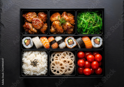 Japanese bento box with teriyaki chicken sushi and traditional sides