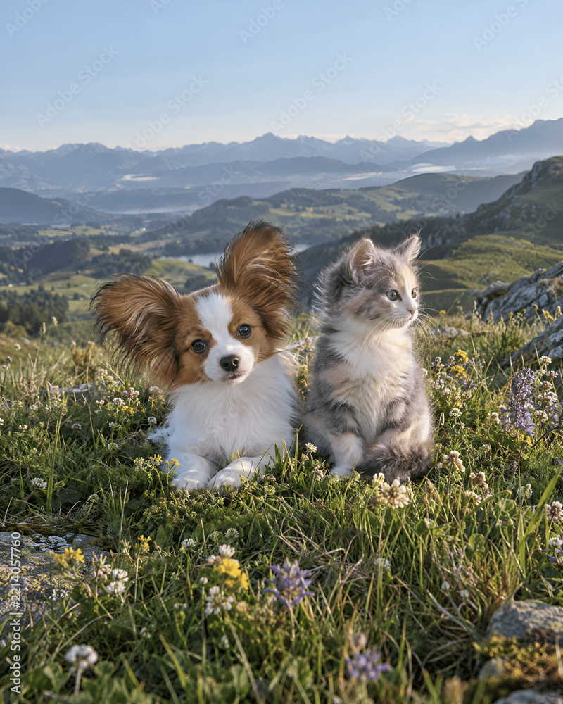 Fototapeta premium Adorable Long Eared Papillon Puppy and Cute Grey Kitten Sitting Together on Mountain Top Overlooking Scenic Valley Nature Wallpaper 