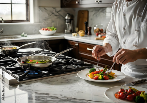 Professional chef plating gourmet vegetable dish in modern kitchen