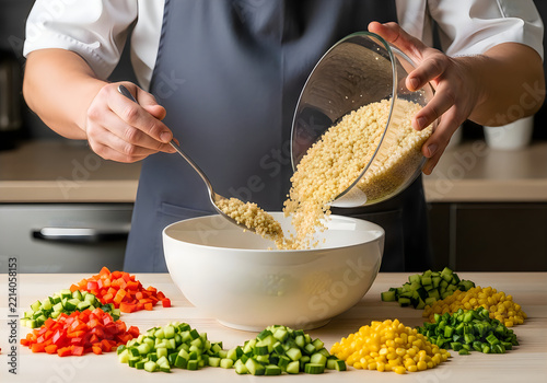 Preparing couscous salad adding grain to freshly chopped vegetables