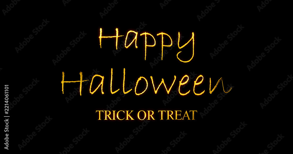Fototapeta premium Happy Holloween Trick or Treat Handwritten Text animation on black dark bg.Halloween Greeting Horror Party Title Festive Holiday Message. Children party starting title intro asset in metallic shine.