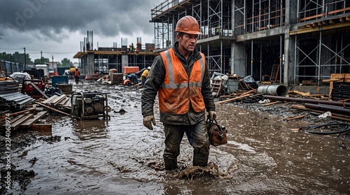 A weary construction worker navigates through a muddy waterlogged job site under a dark overcast sky at an active industrial building project