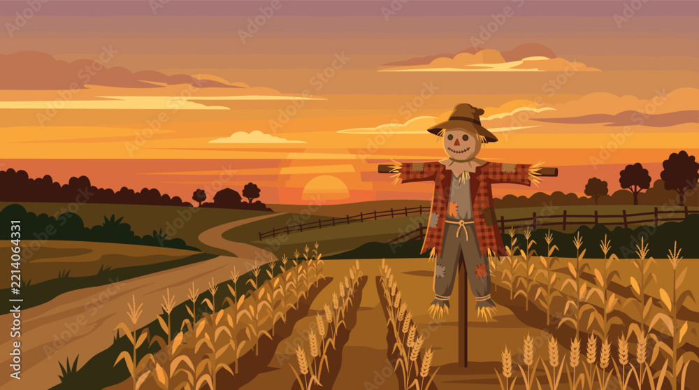 Naklejka premium Friendly scarecrow standing in a golden cornfield under a warm sunset sky with a winding dirt road and rolling hills in the autumn countryside landscape, vector illustration
