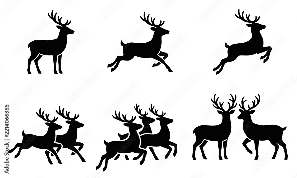 Fototapeta premium Collection of black reindeer silhouettes featured in a festive christmas icon set for holiday graphic design