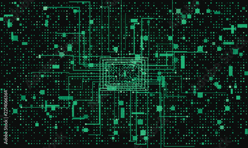 Digital circuit board glowing green with data connections on a dark background representing technology and innovation