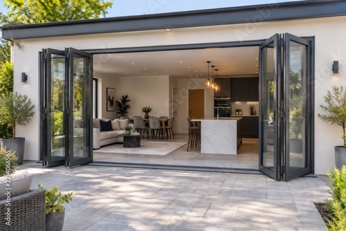 Modern Home Extension Featuring Anthracite Bifold Doors Opening Onto A Tiled Patio, Stylish Contemporary Interior Design For Luxury Living