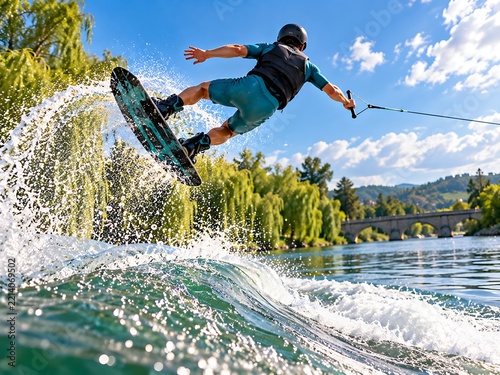 Wakeboarder performing a trick on a lake, jumping over a wave with water spray, wearing a helmet and life vest, surrounded by green trees and a stone bridge in the background, summer
