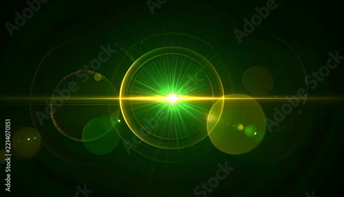 Abstract Green Cinematic Lens Flare with Anamorphic Streak Floating Dust Particles and Glowing Optical Light Effects