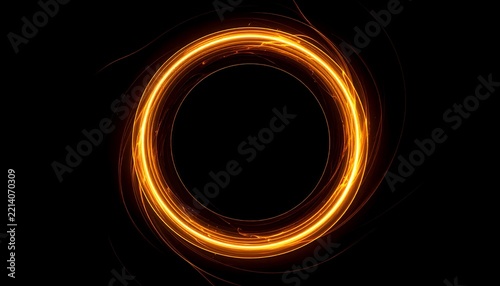 Abstract golden ring portal with swirling energy light trails and glowing dust particles isolated on black background