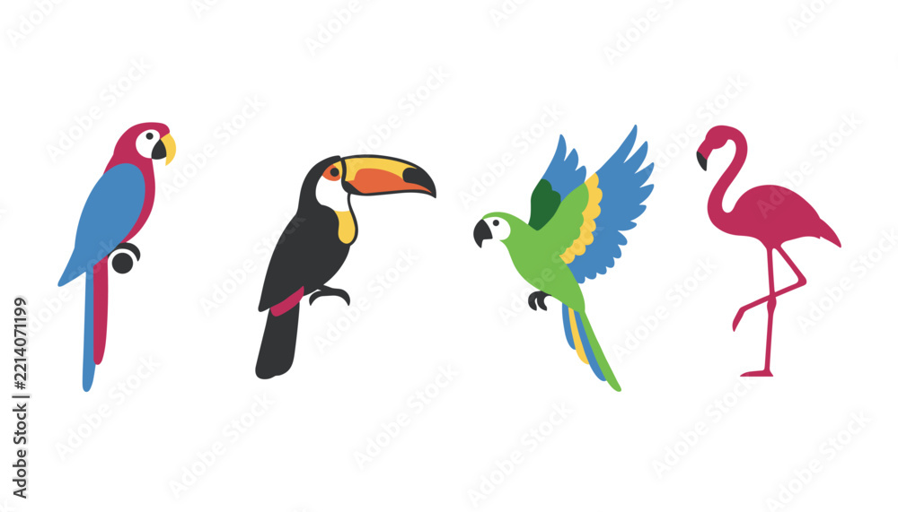 Obraz premium Diverse collection of colorful exotic tropical birds featuring a macaw, a toucan, a parrot, and a pink flamingo.