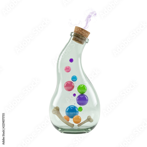 Glass potion bottle containing colorful floating spheres and small bones