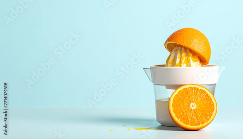 Isolated orange positioned with a manual citrus juicer against a bright background