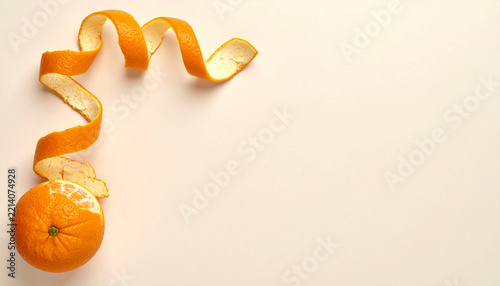 Bright studio styling for whole orange with a long spiral of citrus peel