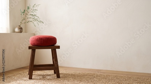 Minimalist Interior with Wooden Stool and Red Cushioned Seat Near Window