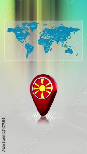 North Macedonia World Map Pin Location Background Loop Vertical