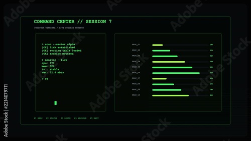 Old Computer Terminal Green Data Statistics Dashboard With Progress Bars And Information List