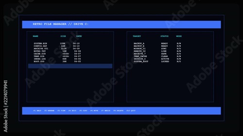 Old Computer Terminal Minimalist Data Dashboard Interface With Blue Accent Bars And White Text Lists