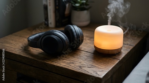 Serene Aromatherapy: A pair of black headphones rests beside a softly glowing essential oil diffuser on a wooden nightstand, creating a tranquil ambiance for relaxation and mindfulness.