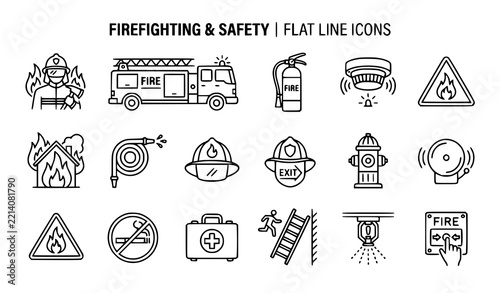 Firefighting and safety flat line icons set featuring fire truck, extinguisher, hydrant, helmet, hose, smoke detector and fire alarm